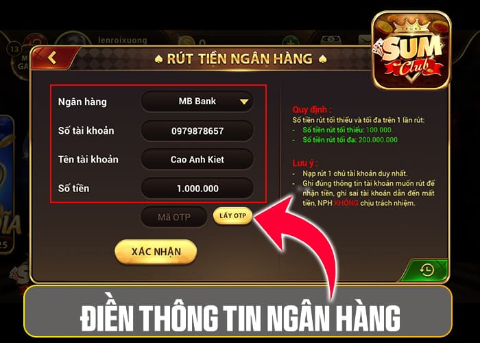 Điền thông tin ngân hàng nhận tiền