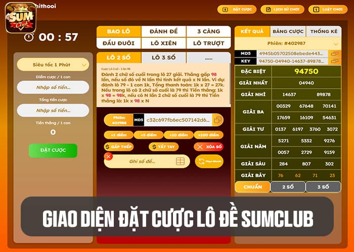 Giao diện cá cược Lô Đề Sumclub